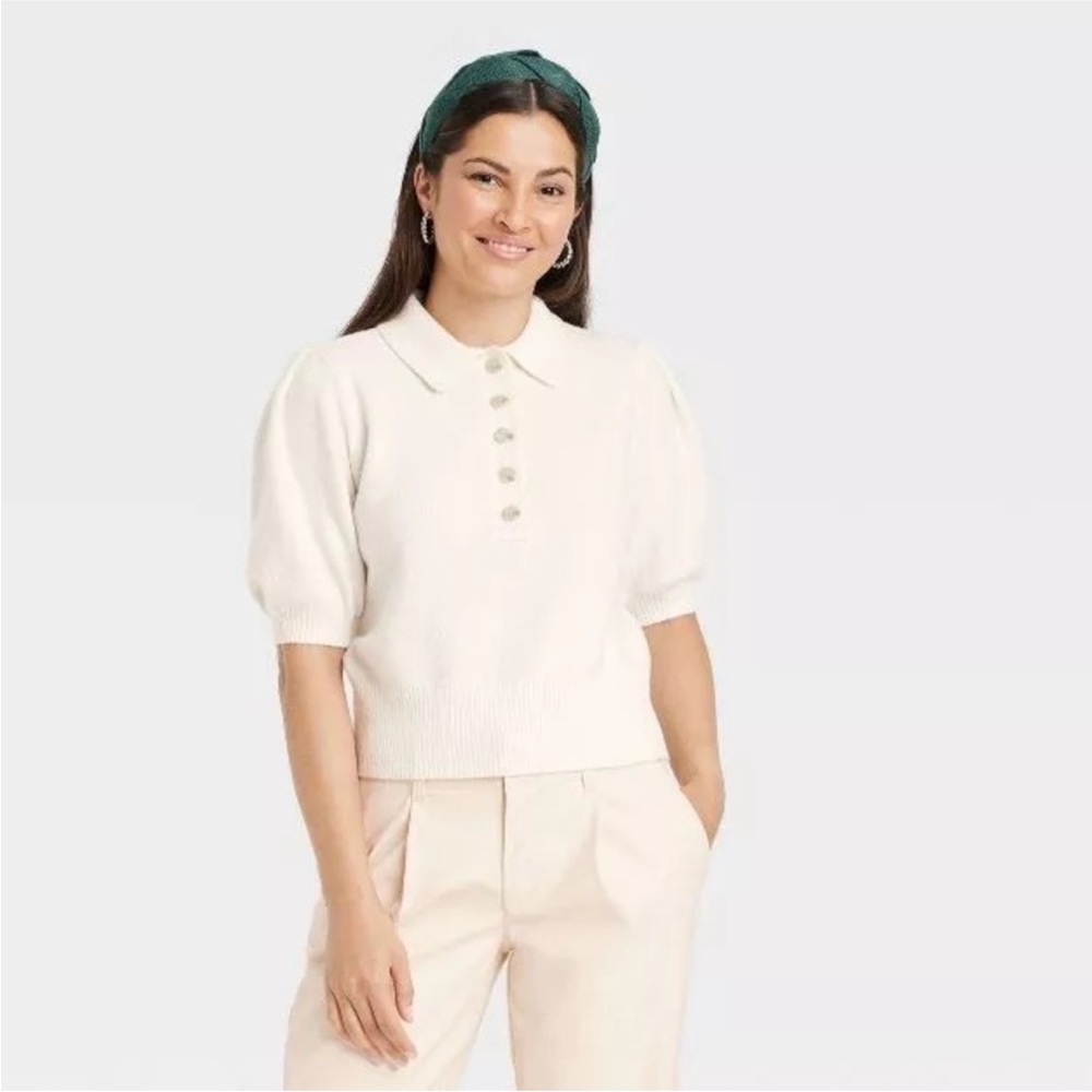 A New Day Cream Knit Polo Sweater size Medium